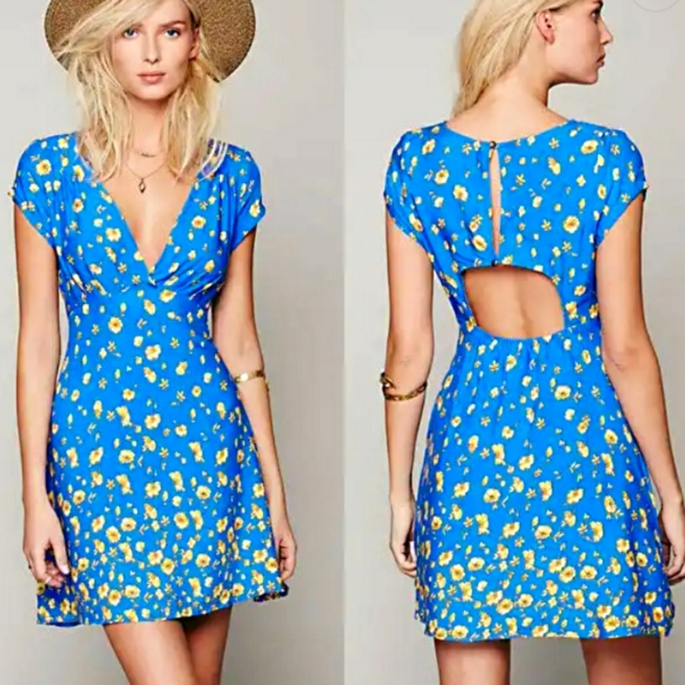Free People Bright Blue Floral Cutout Mini Dress